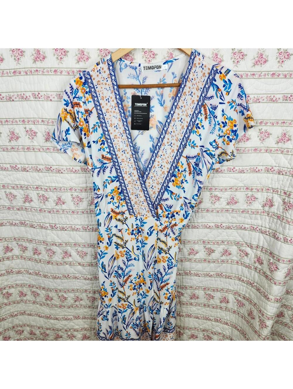 NEW Temofon Floral Print Mini Dress V-Neck Short Sleeve Summer Casual - Size L